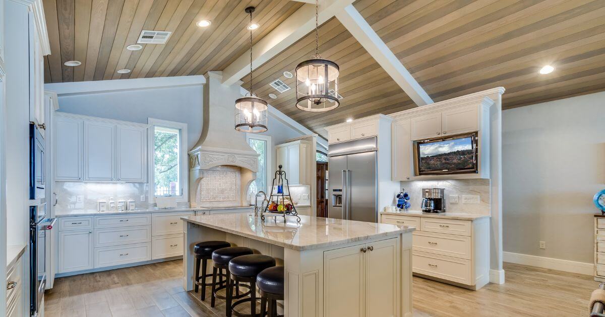 kitchen ceiling idea with exposed beams painted white on wood ceiling