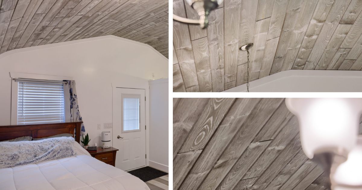 white and gray whitewashed wood paneled bedroom ceiling