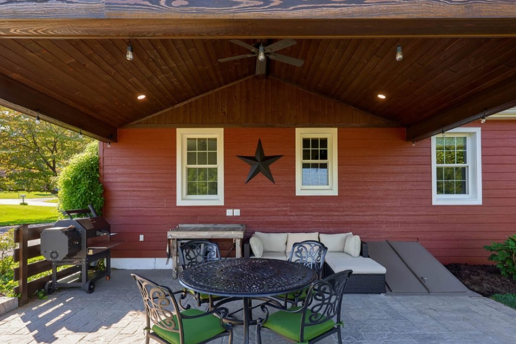 outdoor patio with wood ceiling