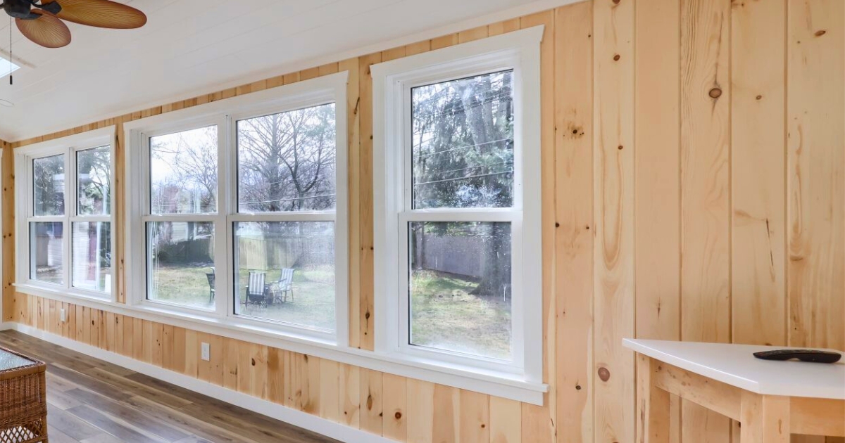 wood accent wall planks in a sunroom