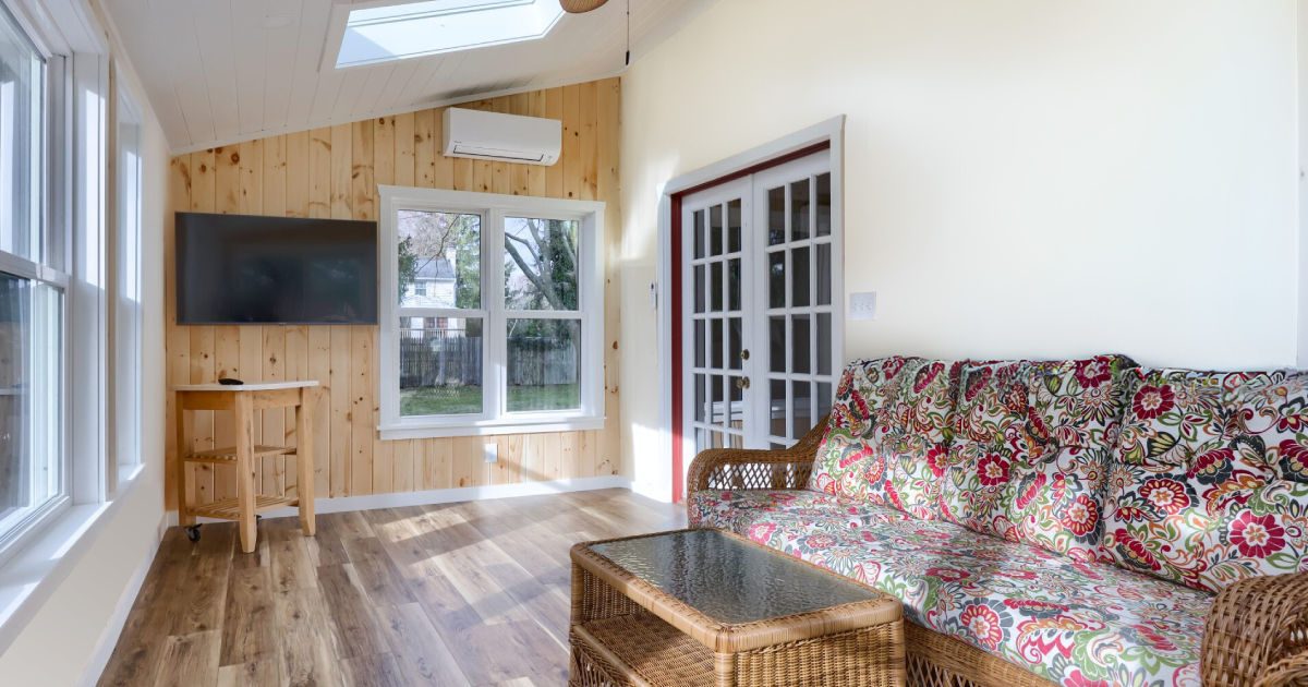 sunroom accent wall made of pine panels